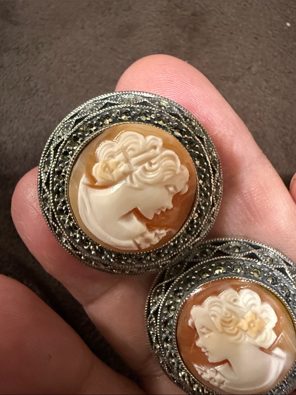 Vintage Carved Shell Cameo Earrings in Cream & Brown - Judith Jack Sterling